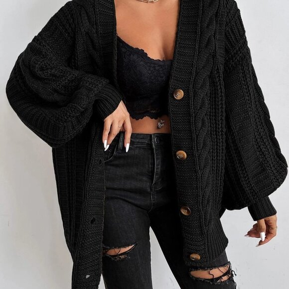 . Sweaters - Black Casual Womens Solid Button Front Cable Knit Cardigan